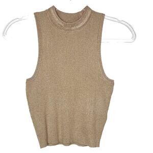 TOPSHOP Metallic Cropped Mock Neck Tank Sweater Pullover Wool Blend Gold Size 8